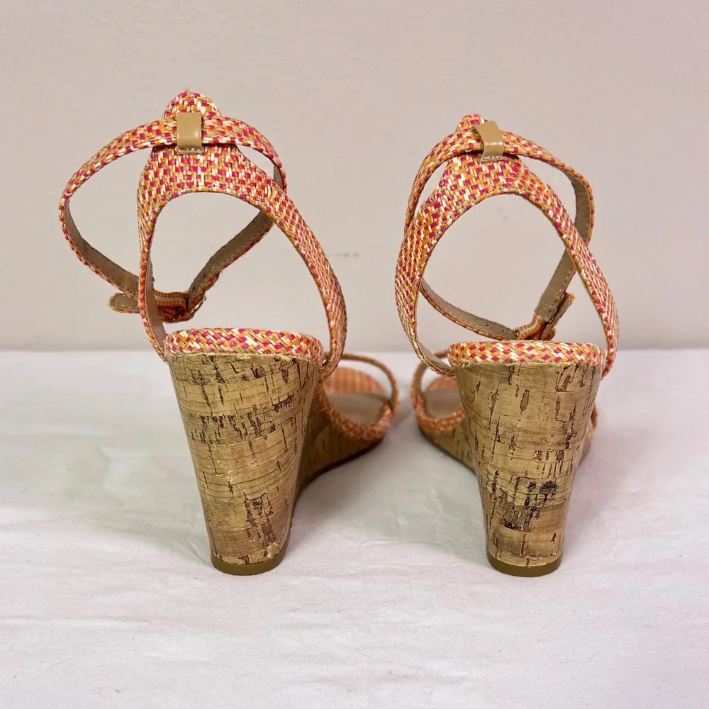 LC Lauren Conrad Wedge Sandals 10 Coral Woven Cork Strappy Boho Summer 160089
